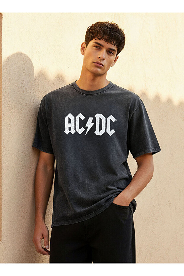 Men Crew Neck Short Sleeves ACDC Print T-shirt