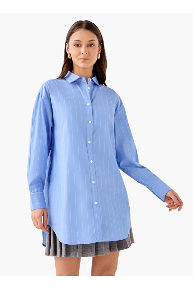 Regular Fit Striped Longline Shirt with Long Sleeves
