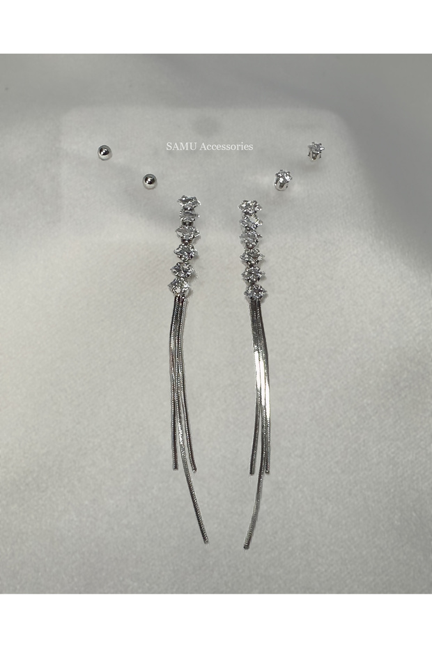 Set of 3 Stone Tassel and Ball Steel Earrings - Silver Crystal Tassel Trio Set