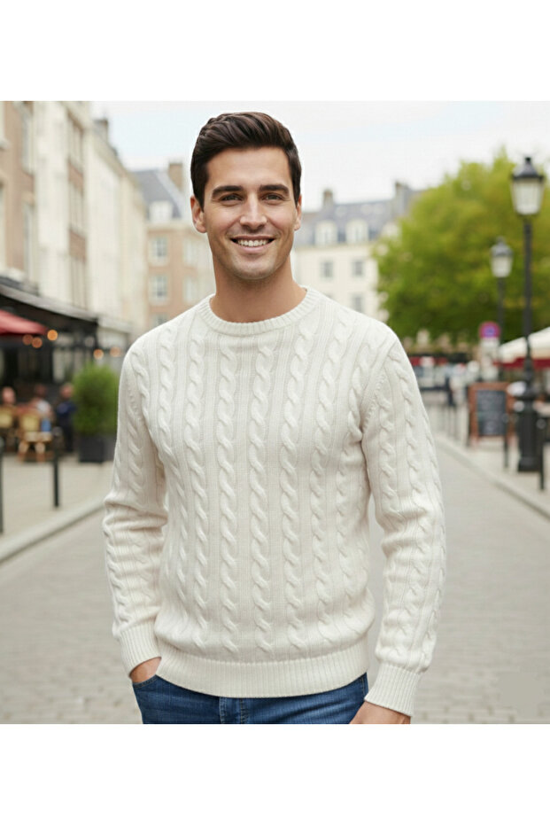 Premium Ekru Crew Neck Men's Knitwear Sweater