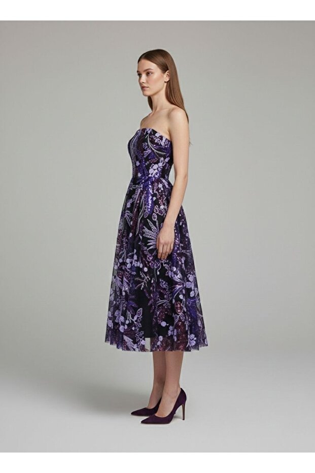 Mor İşlemeli Midi Elbise - 2