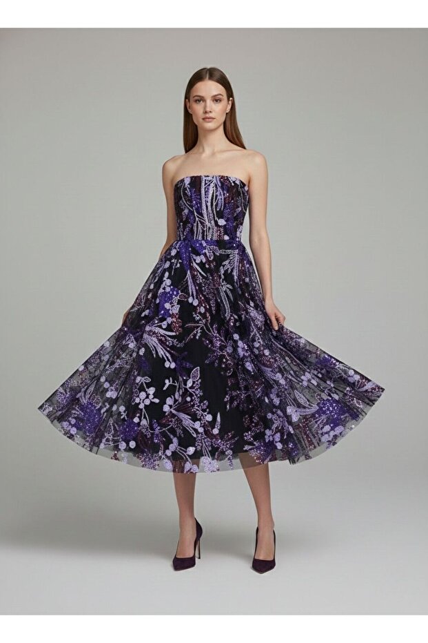 Mor İşlemeli Midi Elbise - 4