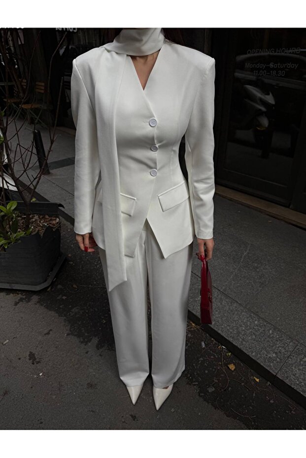 White Shawl, Waist-Fitted V-Neck Jacket and Palazzo Trousers Premium 3-Piece Set