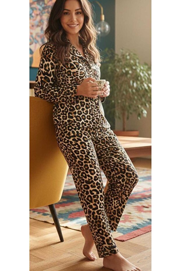 طقم بيجامة بنمط الفهد بأزرار - 4