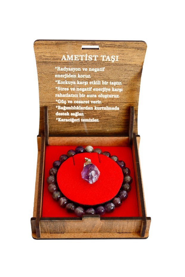 Natural Amethyst Stone Boxed Bracelet and Chain Amethyst Necklace Set – Gift Natural Stone with Wooden Box