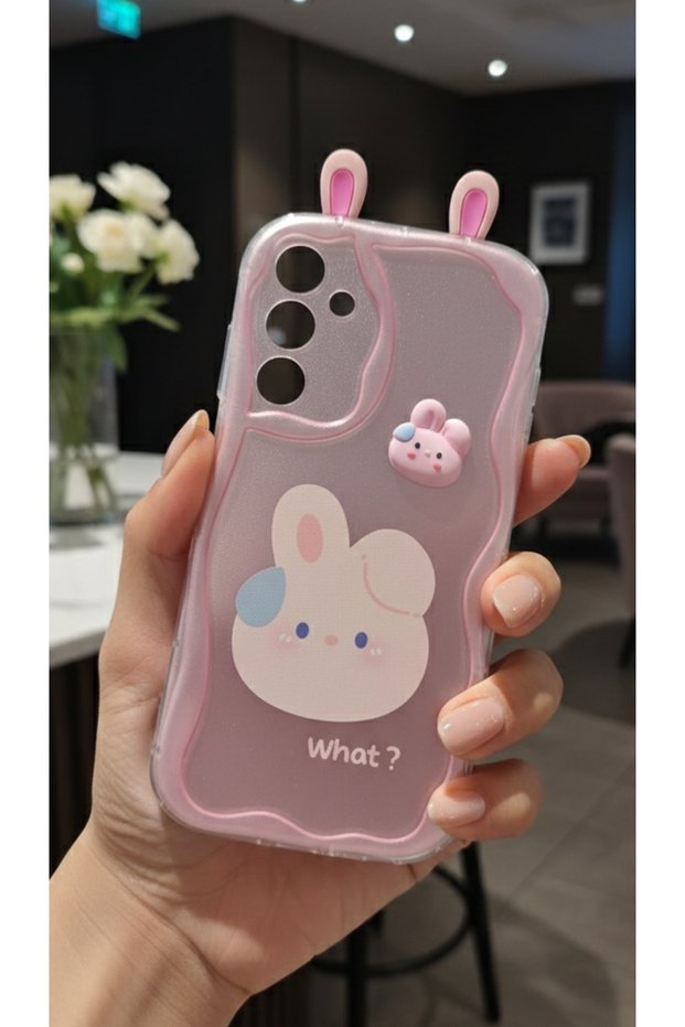 3D Rabbit Ear Design Wavy Edge Transparent Pink Case Compatible with Galaxy A55