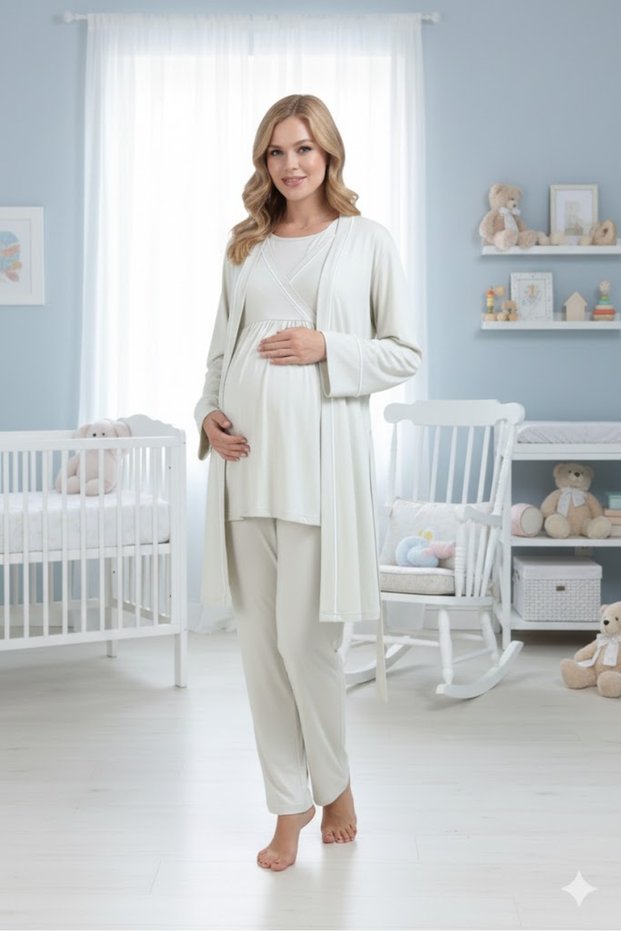Women's Mint Green Lace Maternity Pajama Set with Dressing Gown