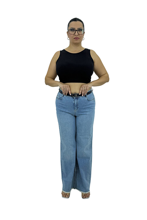 Plus Size Denim Belted High Waist Slimming Wide Leg Women's Trousers