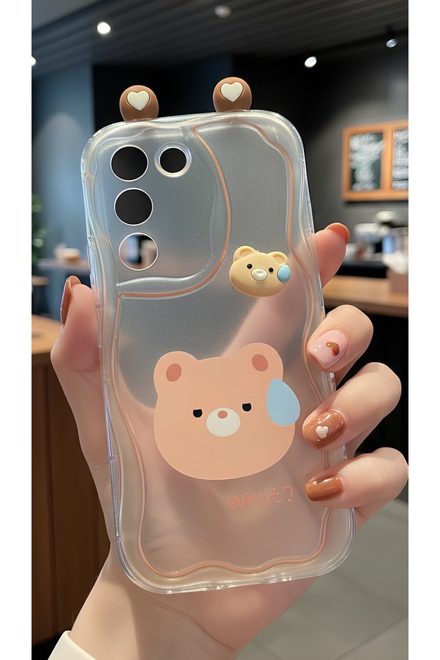 Cute Confused Bear Figure Wavy Edge Design Case Compatible with Vivo V30 Lite
