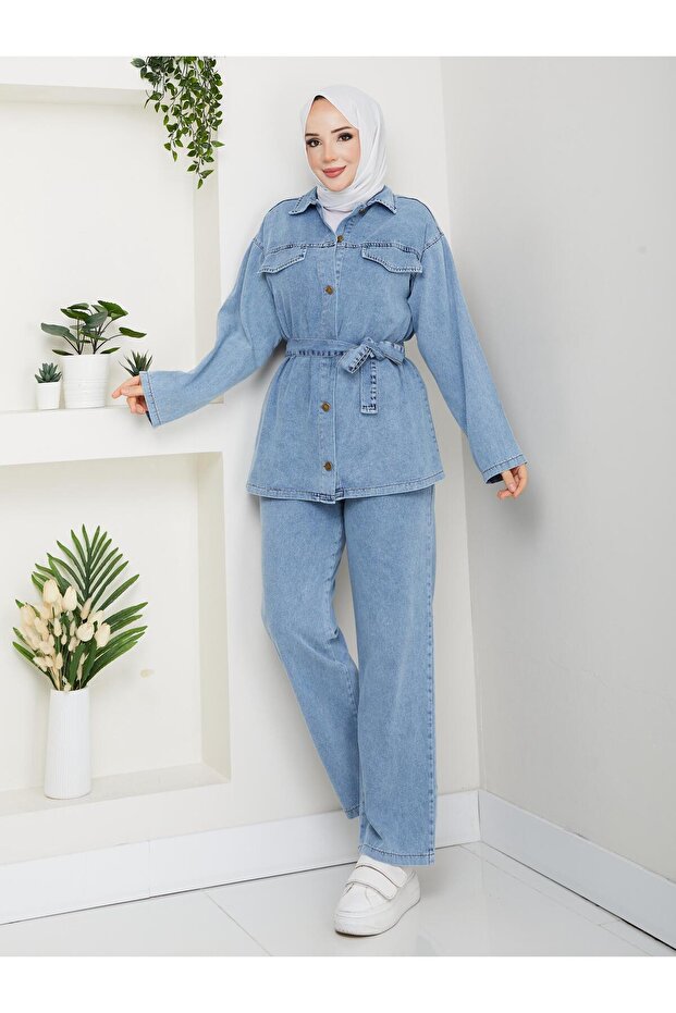 Women's Belted Double Denim Set with Pants