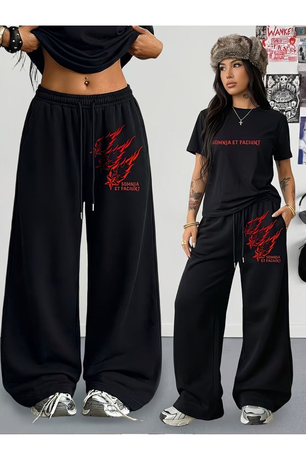 Women's Somnia Et Faciunt Printed Oversize Tshirt and Baggy Sweatpants - Summer Two-Piece Tracksuit Set