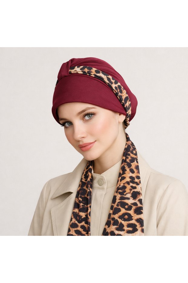 Ready-To-Wear Hijab with Scarf and Hat - Leopard Bonnet Shawl Scarf