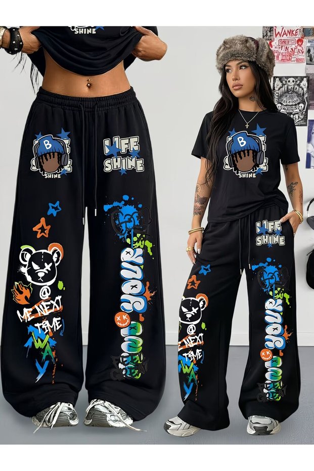 Women's Life Shine Printed Oversize Tshirt and Baggy Sweatpants - Summer Two-Piece Tracksuit Set