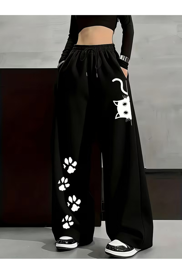 Unisex Cute Cat Baggy Cut Wide Leg Sweatpants