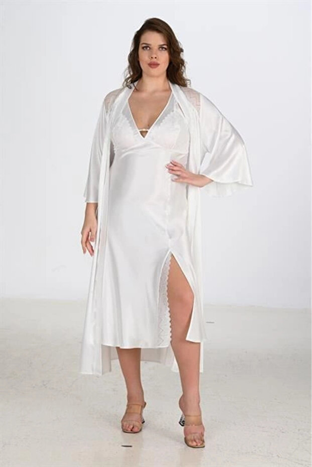 Premium Plus Size Satin Lace Embroidered Ecru Long Slit 2-Piece Nightgown and Robe Set Bigsize