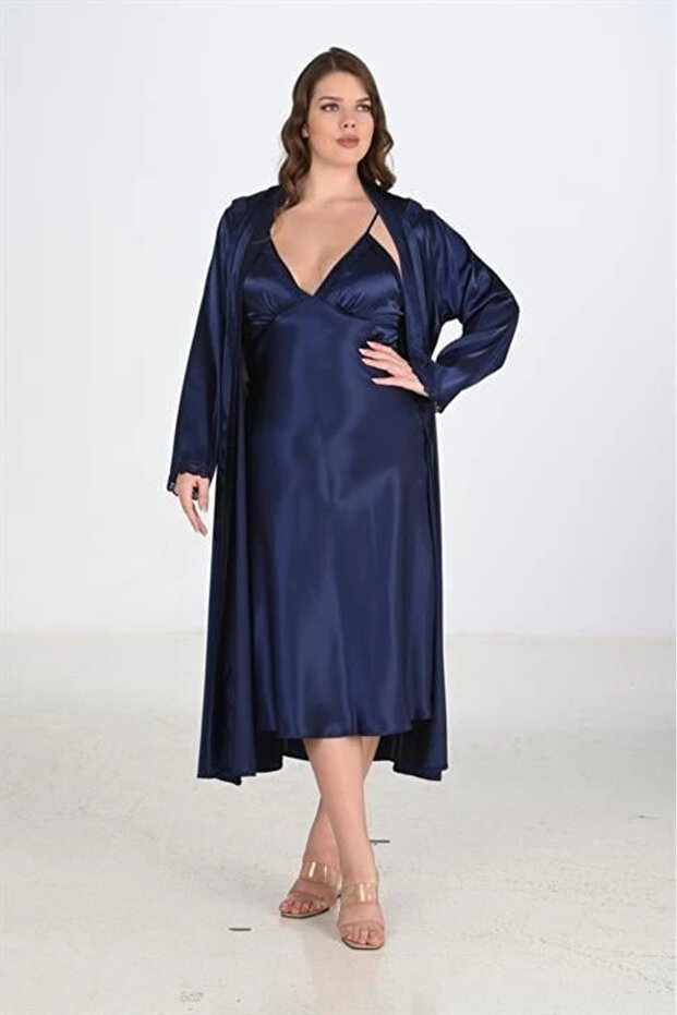 Premium Plus Size Satin Navy Blue Long 2-Piece Nightgown and Robe Set Bigsize