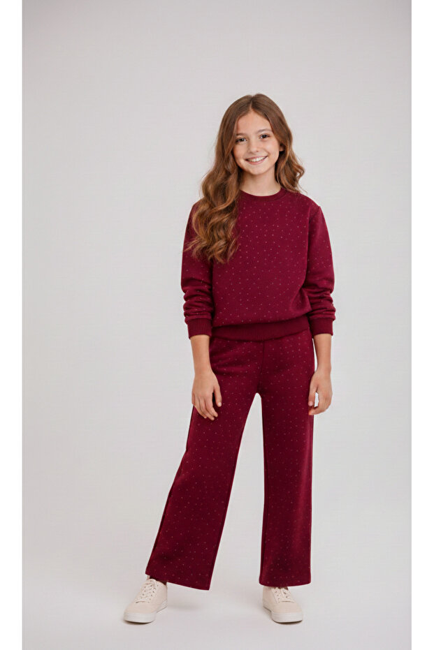 Girl's Cotton Stone Printed Long Sleeve Wide Leg Sweatpants Set