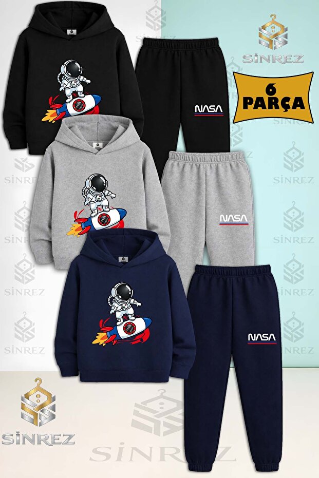 3-Piece Children's Unisex Astronaut Shuttle Printed Hooded Tracksuit Set