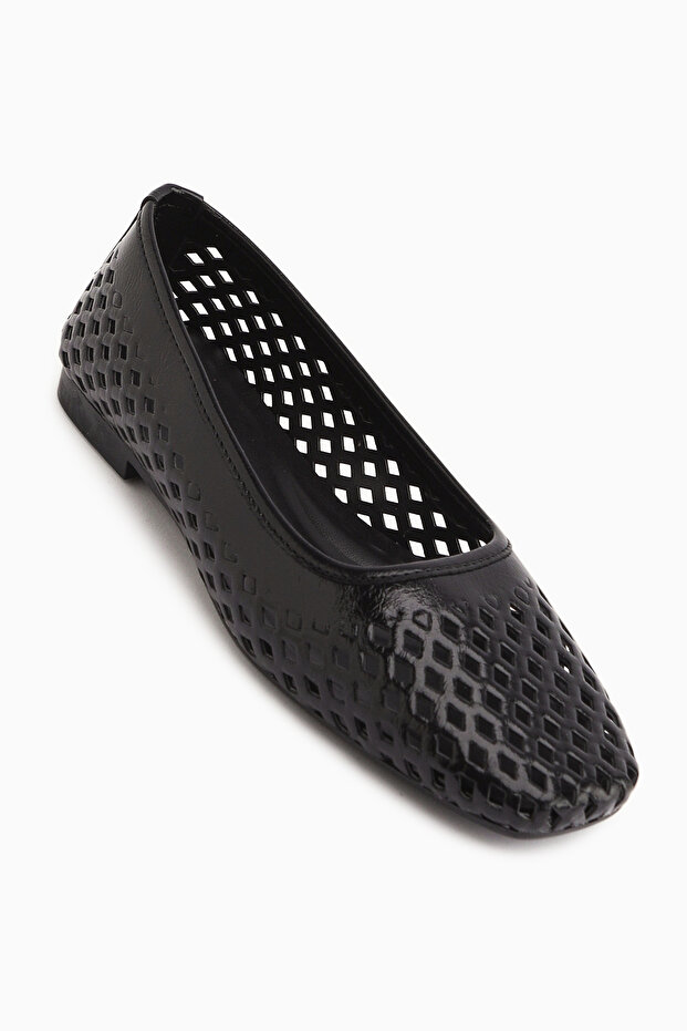 Elisa Black Laser Cut Blunt Toe Summer Ballerinas
