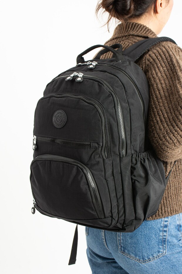 Unisex Water Resistant Crinkle Fabric Multi-Eye Black Color Laptop School and Backpack