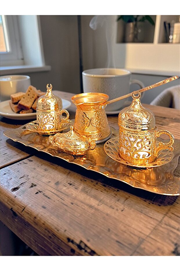Ottoman Motif Gold Color Turkish Coffee Presentation Set – 5 Pieces – with 2 Cups