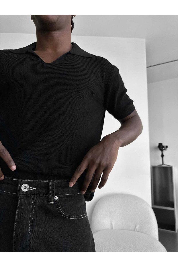 Men's Italian Collar Half Oversize Knitwear T-Shirt Relaxed Fit Knitted Polo Collar T-Shirt
