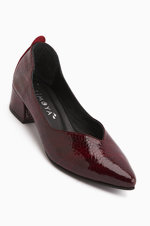 Samia Genuine Leather Burgundy Snake Patterned Thick Heeled Women's Shoes
