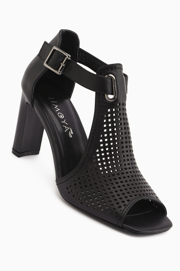 Monica Genuine Leather Black Ankle Buckle Thick Heeled Women's Shoes