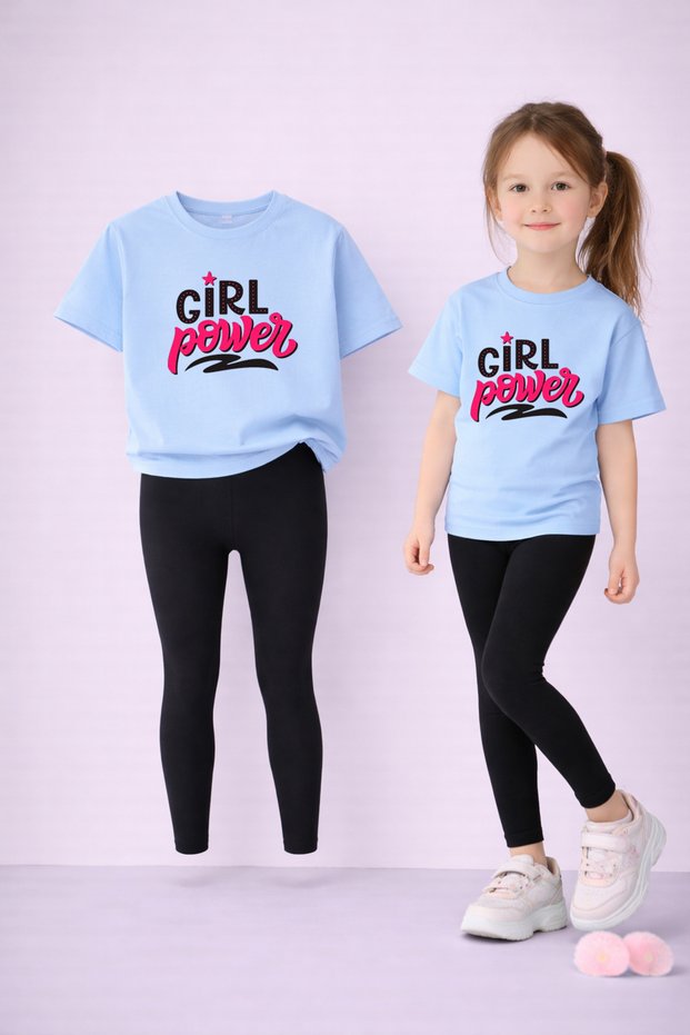 Girls' Set 100% Cotton Gi̇rl Power Printed T-Shirt and Stretchy Leggings Set – Casual Comfortable Sports Combination