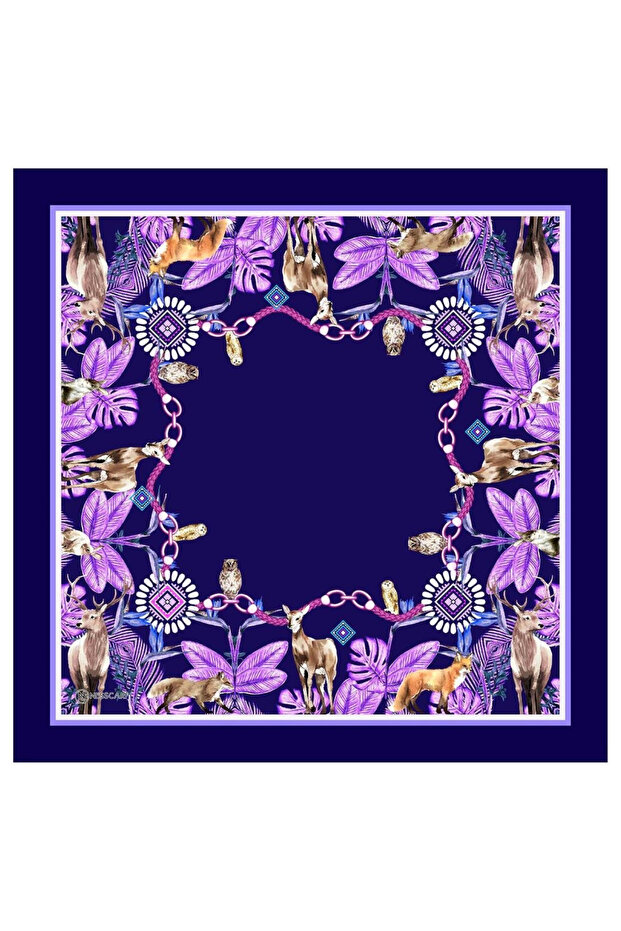 Purple Silky Rayon Scarf with Animal Figures 70X70 Square
