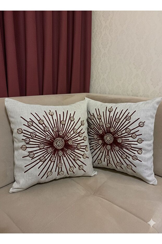 Beaded Punch Embroidered Linen Cushion Cover Set of 2 - 43X43 cm