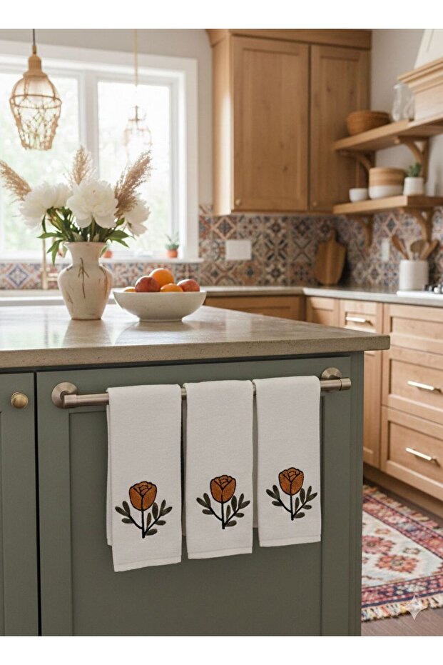 Set of 3 100% Cotton Kitchen Towels – Highly Absorbent Drying Cloth – 30X50 cm – Punch Embroidery