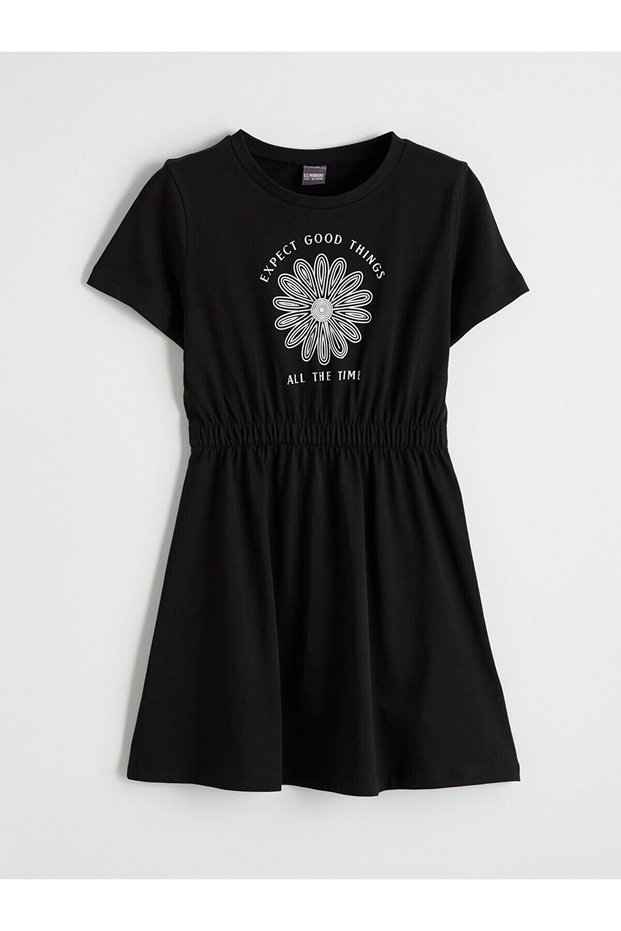Alita City Black Oval Collar Floral Printed Girl's Dress with a Difference in Color