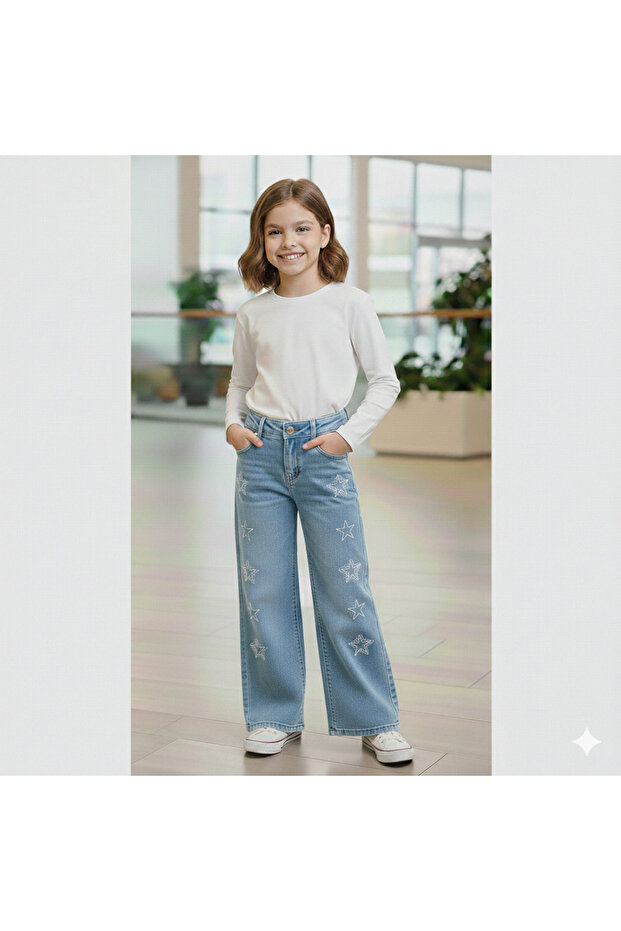 Girl's Comfortable Fit Star Stone Palazzo Jean Pants