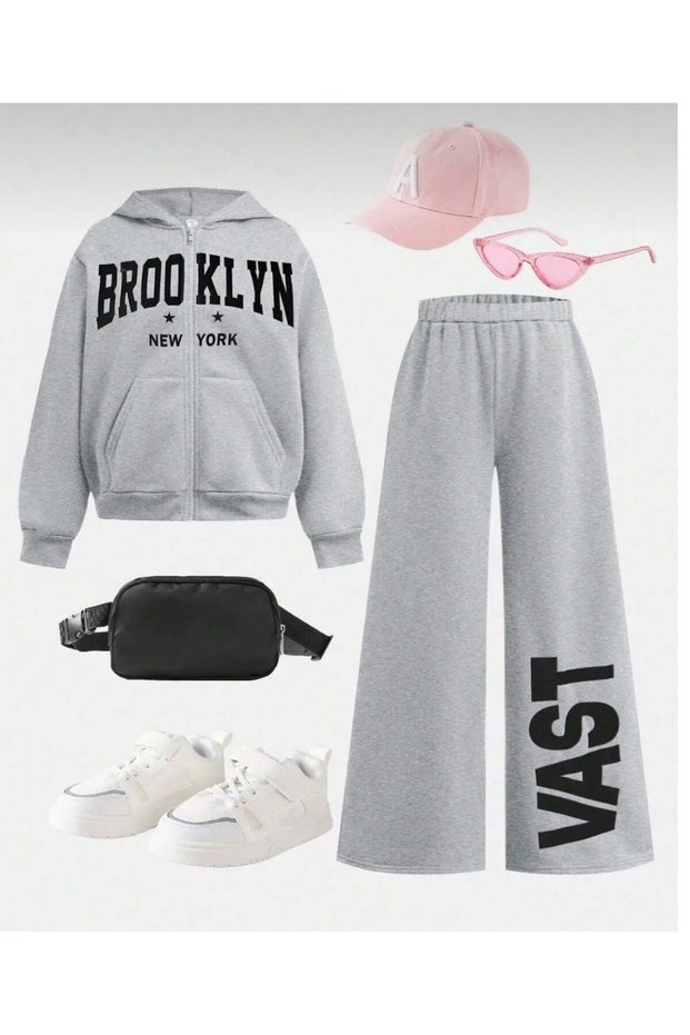Girls' Hooded Top Brooklyn Printed Cardigan Bottom Wast Printed Bolpaça Tracksuit Set