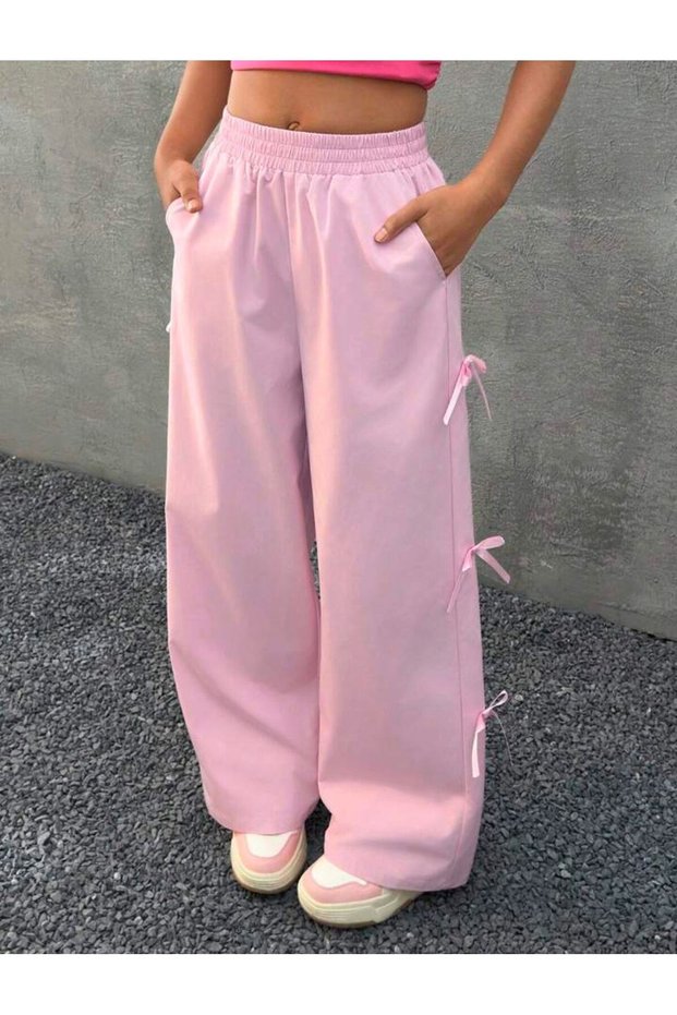 Girls' Side Ribbon Detail Baggy Style Loose Leg Track Pants