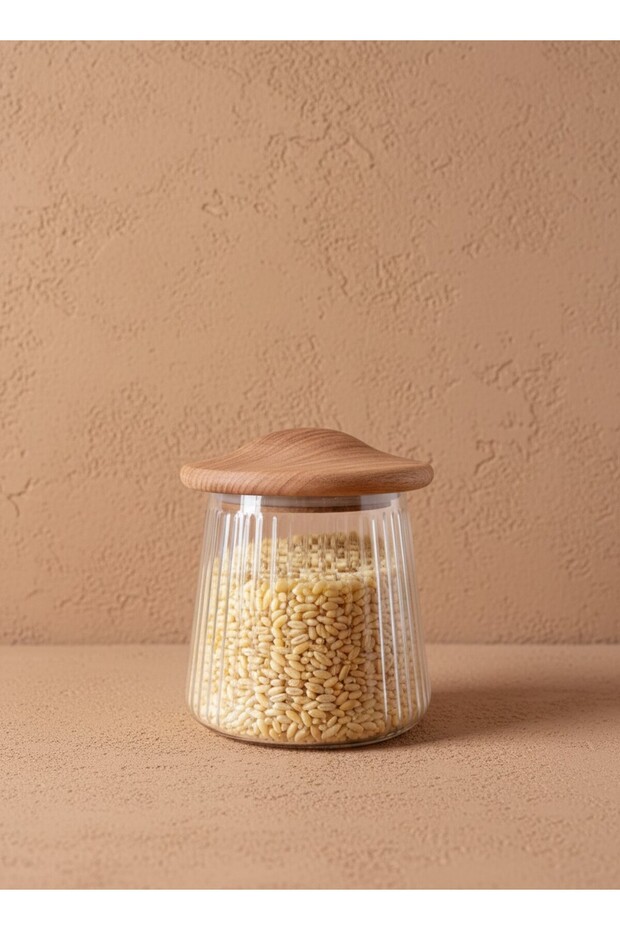 Ribella Mini Acacia Vacuum Glass Jar with Lid 650 ml (11X13 cm)