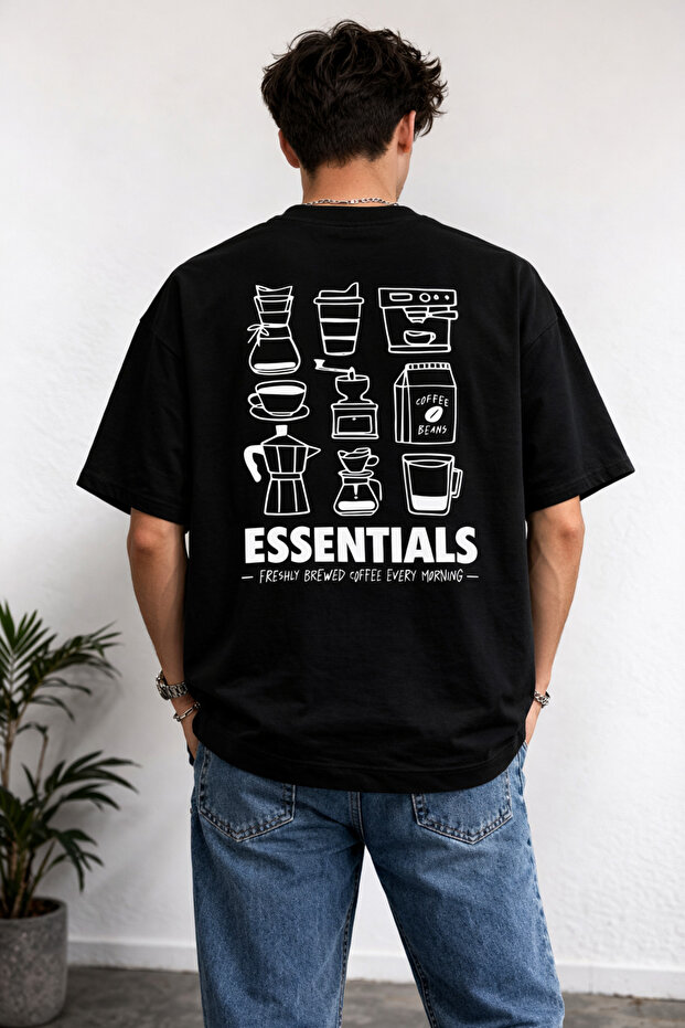 Unisex Women's Men's Coffe Essentials Back Pattern Printed Oversize Thick Fabric Relaxed Cut Cotton T-Shirt