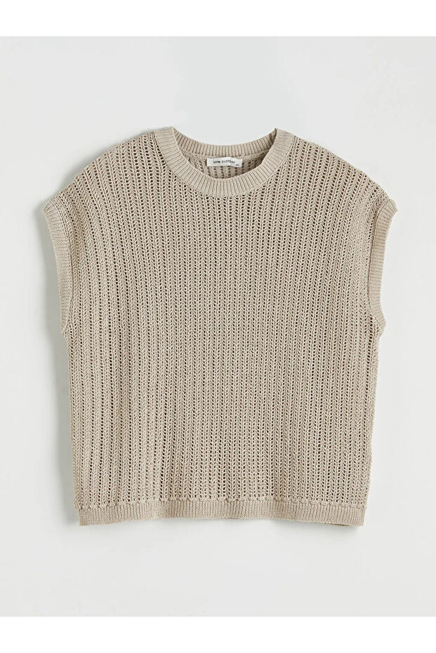 Beige Crew Neck Openwork Women's Knitwear Sweater