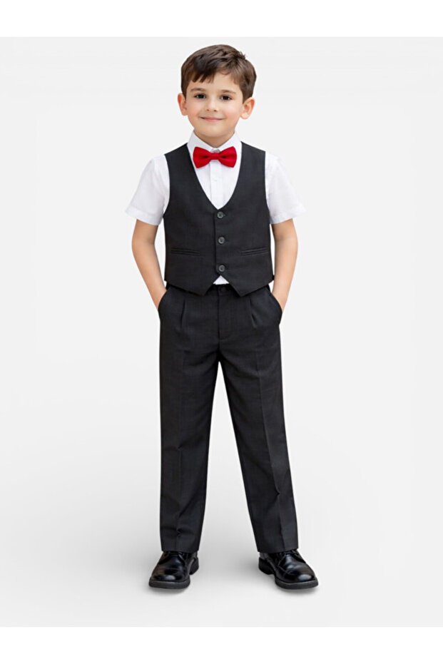 Boys 4 Pc Set Black Waistcoat, Shirt, Trousers & Bow Tie Set (3 Years–8 Years)