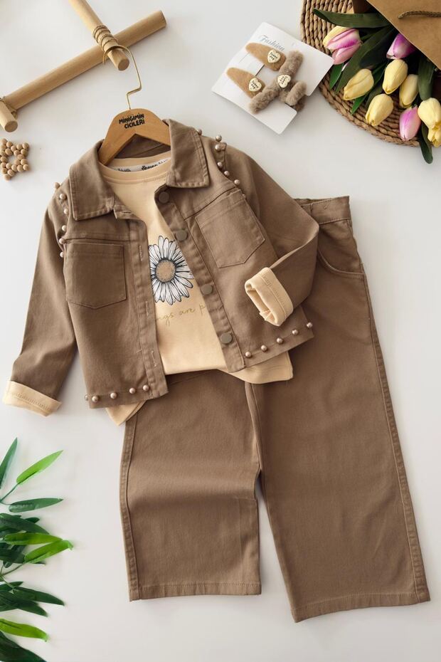 My Little One's Cicileri Daisy Printed Stone Detailed 3-Piece Girls' Set - Brown