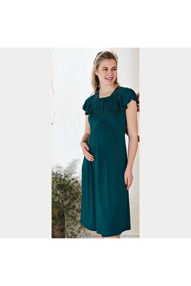 Ornella Papatya Güpürlü Maternity Nightgown with Breastfeeding Feature