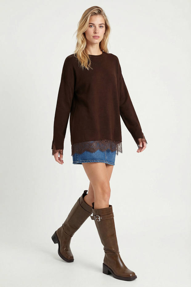 Long Contrast Lace Detailed Knitwear Sweater Lyy0135 Brown