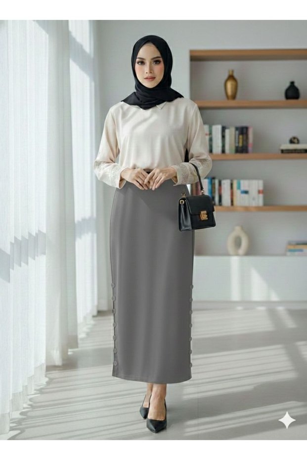 Smoked Hijab Pencil Skirt with Side Button Detail - High Waist Stylish Office Skirt