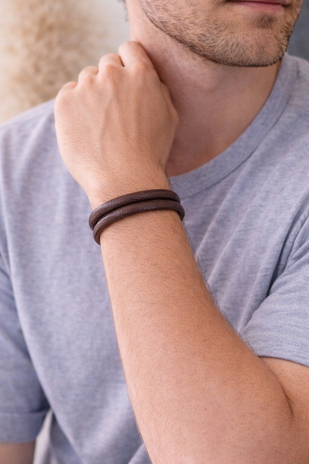 Brown Genuine Leather Men's Bracelet – Double Row Minimal Design with Steel Lock