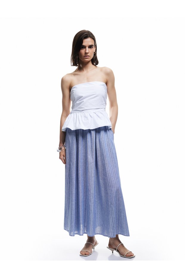 Linen Blend Elastic Waist Tie Pocketed Midi Flared Skirt