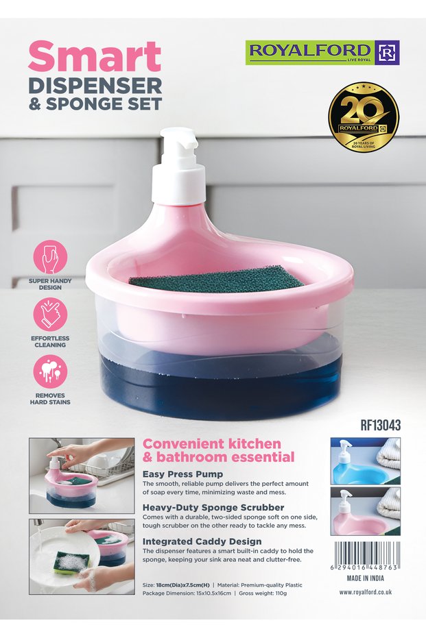 Smart Dispenser and Sponge Set RF13043 Integrated Caddy Design, Easy Pump Assorted Colors