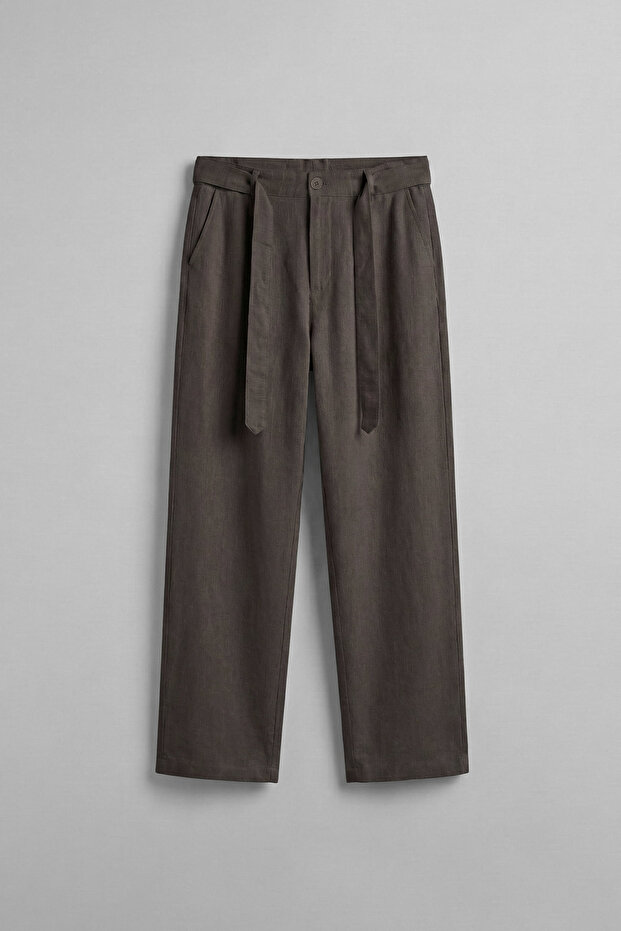 Men's Baggy Belted Elastic Waist Cotton Trousers Brown