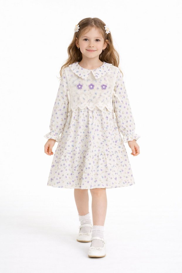 Lilac Floral Print Embroidered Vest Girl's Muslin Dress 23579