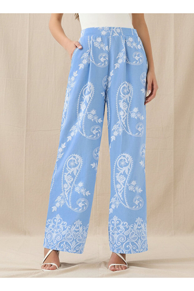 Wide-Leg Paisley Print Pleated Trousers